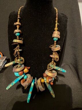 18” Chunky Handcrafted Bohemian Turquoise Ceramic Brass Statement Necklace